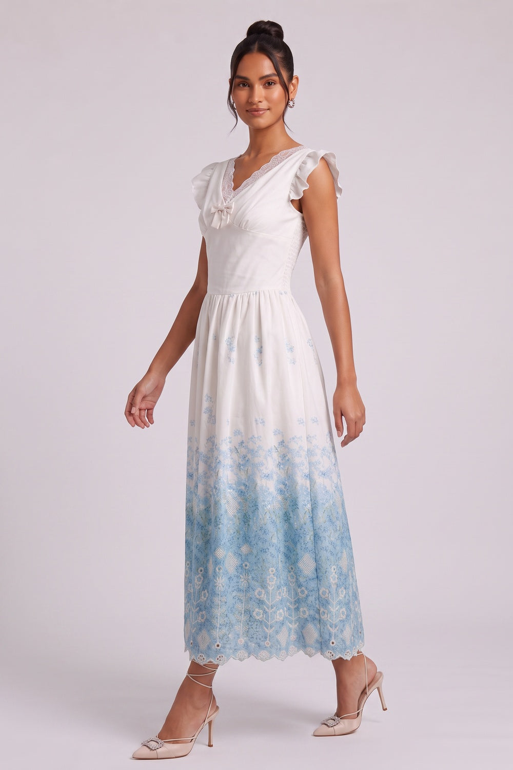 White Cotton Woven Fit-and-Flare Midi Dress with Gradient Floral and Eyelet - OWNCI