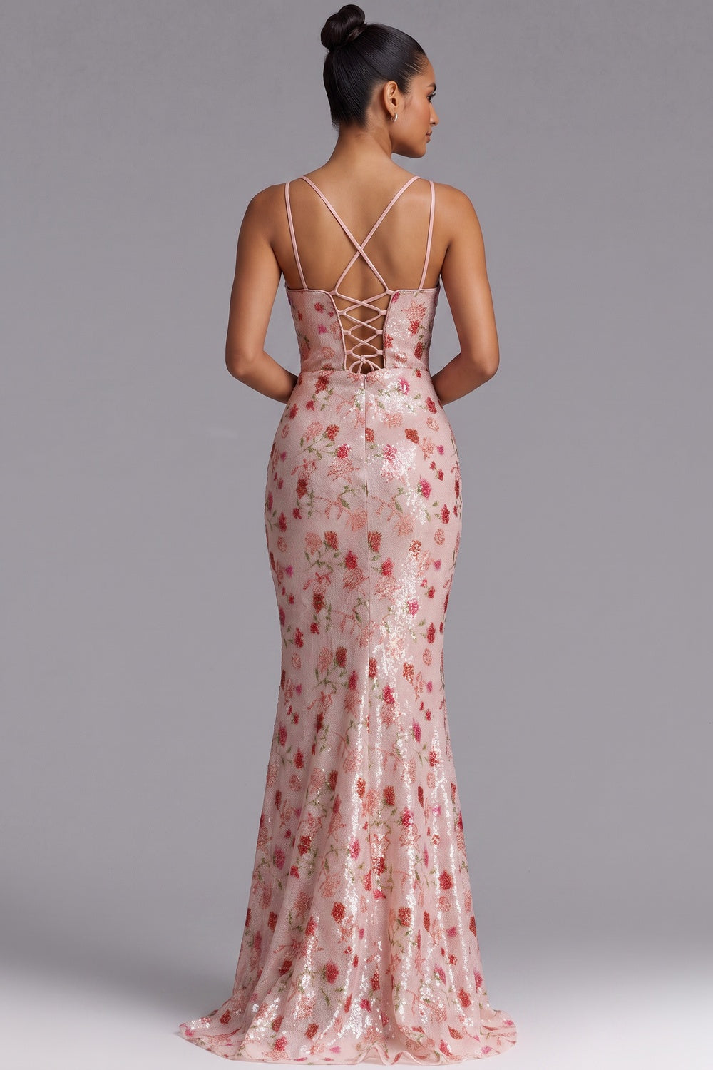 Blush Pink Floral Sequin Mermaid Gown with Lace-Up Back - OWNCI Blush Pink Floral Sequin Mermaid Gown with Lace-Up Back - OWNCI