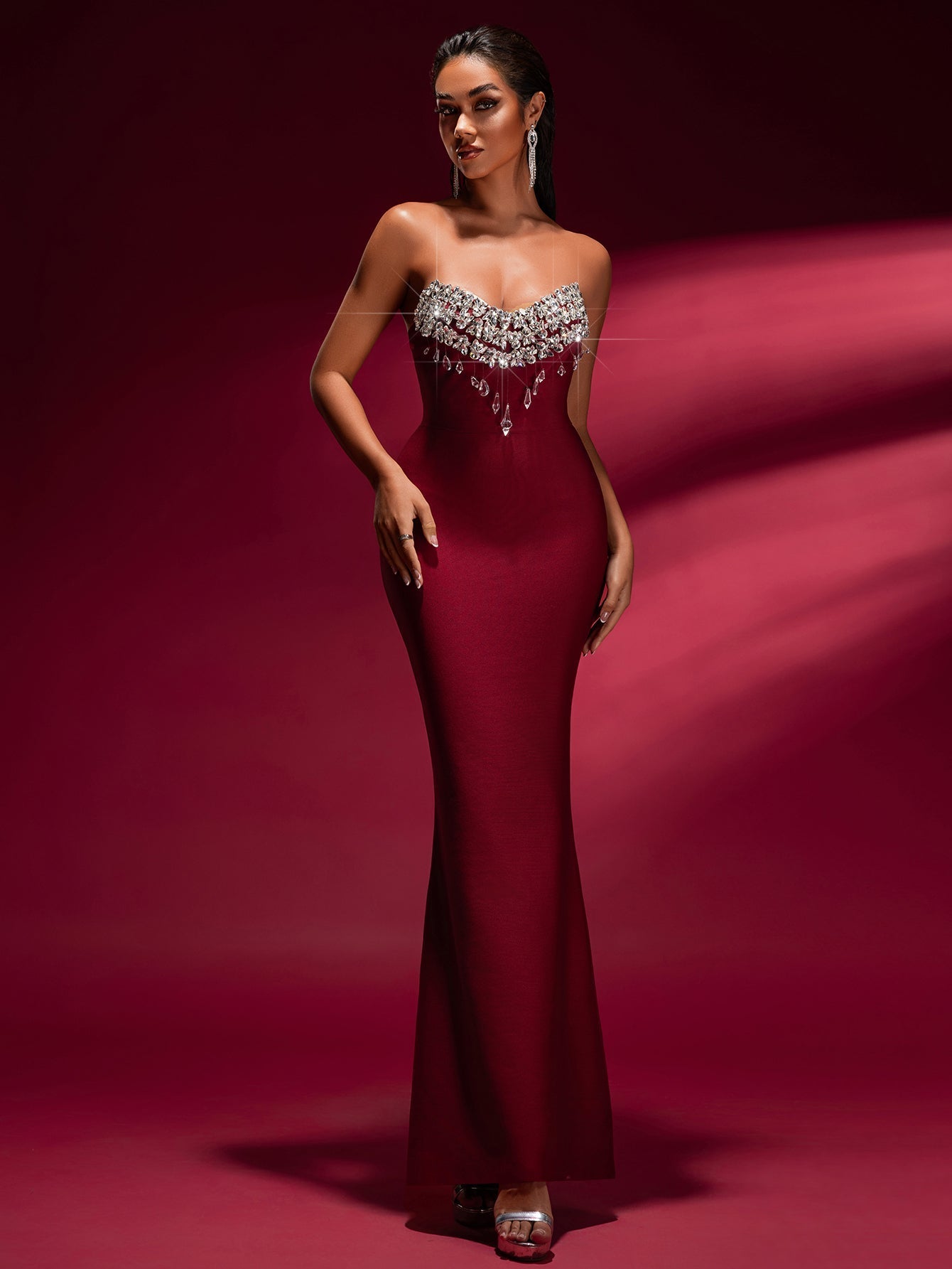 Tina Off-Shoulder Crystal Applique Bandage Mermaid Gown In Burgundy - OWNCI Tina Off-Shoulder Crystal Applique Bandage Mermaid Gown In Burgundy - OWNCI