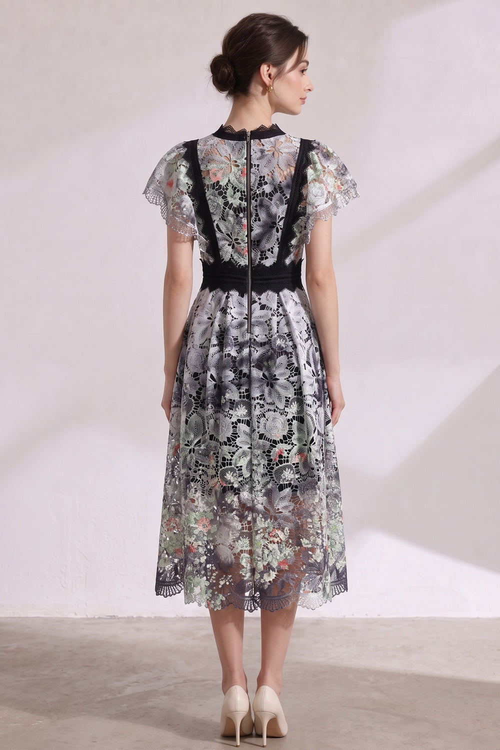 White Embroidered Guipure Lace Fit-and-Flare Midi Dress - OWNCI White Embroidered Guipure Lace Fit-and-Flare Midi Dress - OWNCI