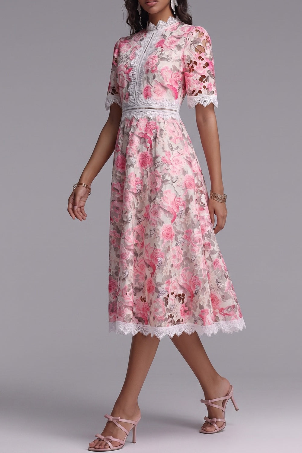 Pink Floral Cutwork Lace Midi Dress - OWNCI Pink Floral Cutwork Lace Midi Dress - OWNCI