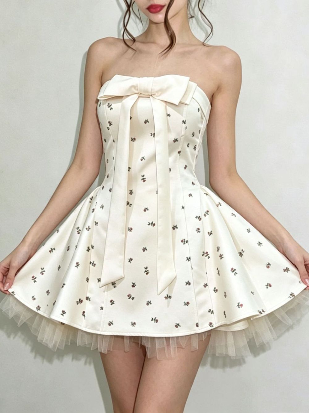 Iola Strapless Bowknot Floral Mini Dress - OWNCI