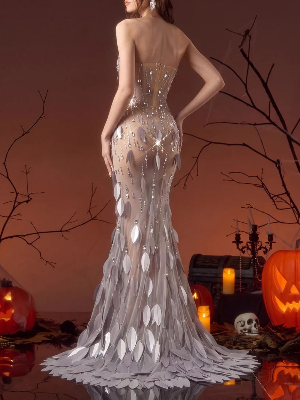 Lurqen Strapless Crystal Leaf Maxi Dress - OWNCI