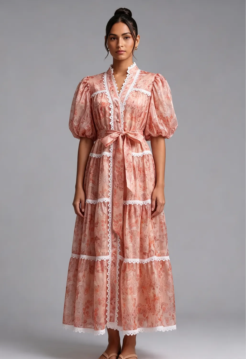Peach Organza A-Line Tiered Maxi Dress with Botanical Floral Print - OWNCI Peach Organza A-Line Tiered Maxi Dress with Botanical Floral Print - OWNCI