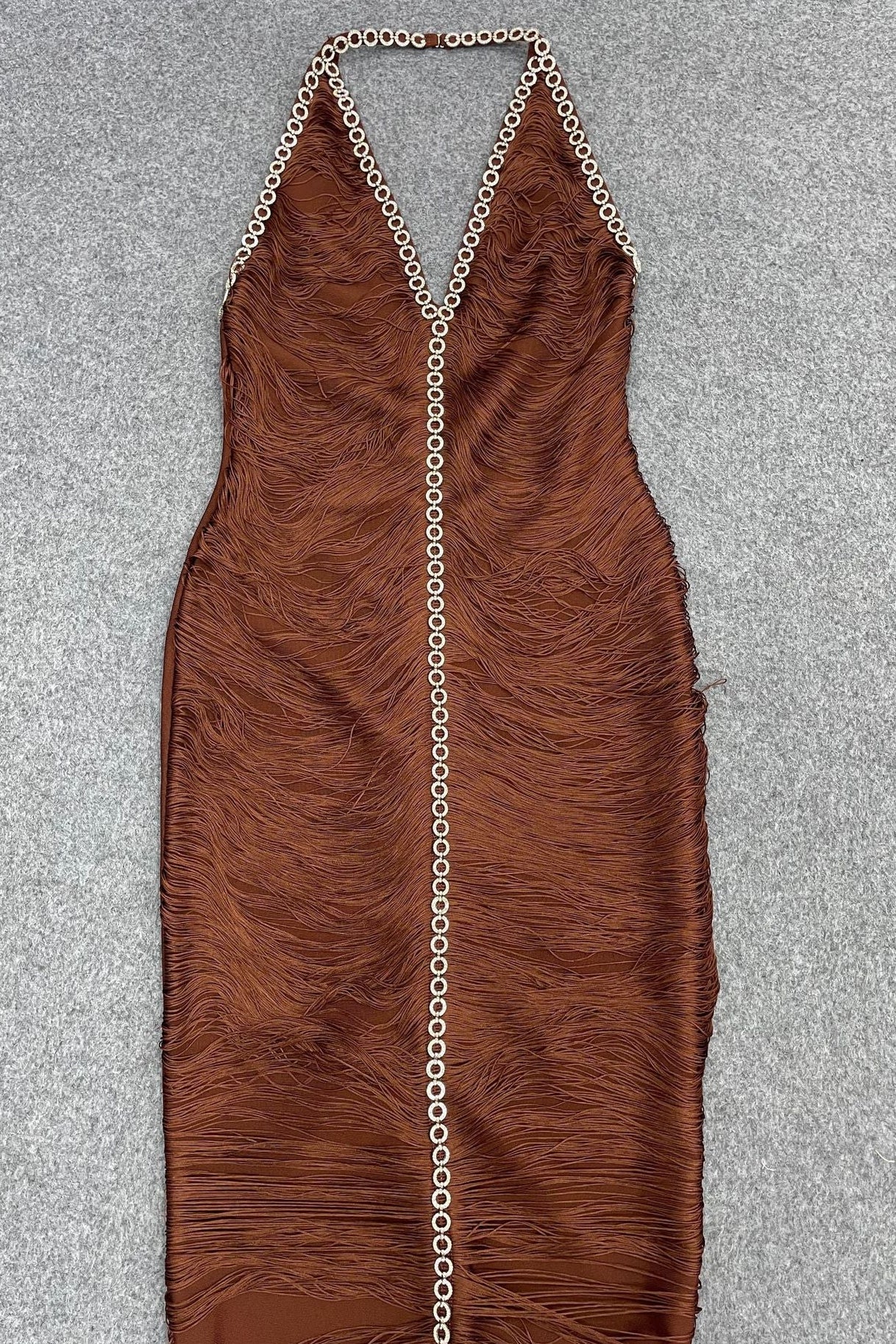Chocolate Brown Micro-Fringe Textured Synthetic Sheath Dress - OWNCI Chocolate Brown Micro-Fringe Textured Synthetic Sheath Dress - OWNCI