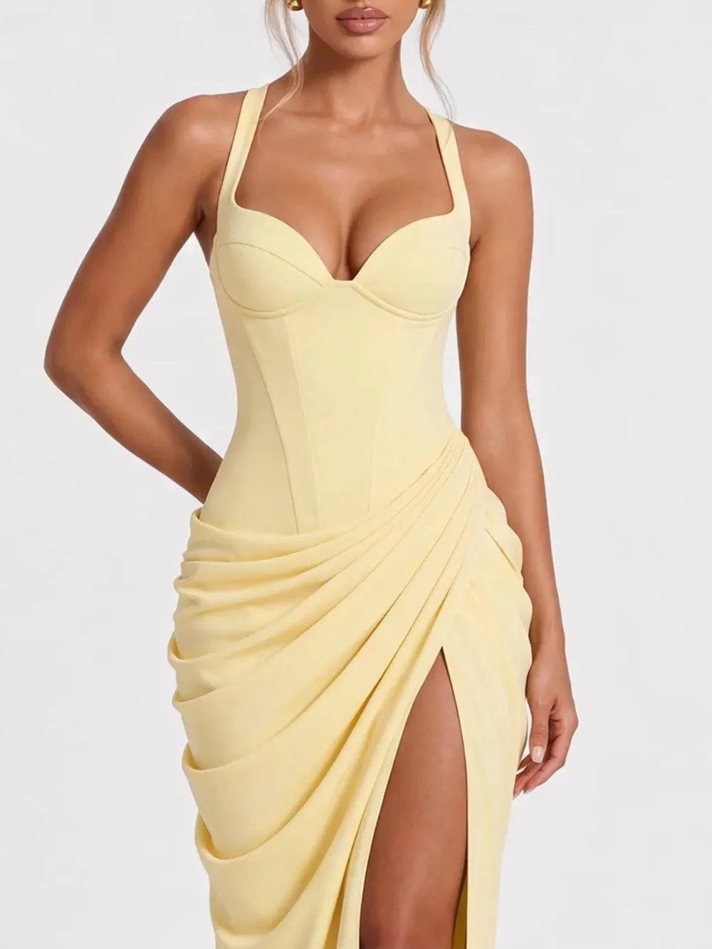 Fujiye Halterneck Split Ruched Maxi Dress - OWNCI Fujiye Halterneck Split Ruched Maxi Dress - OWNCI