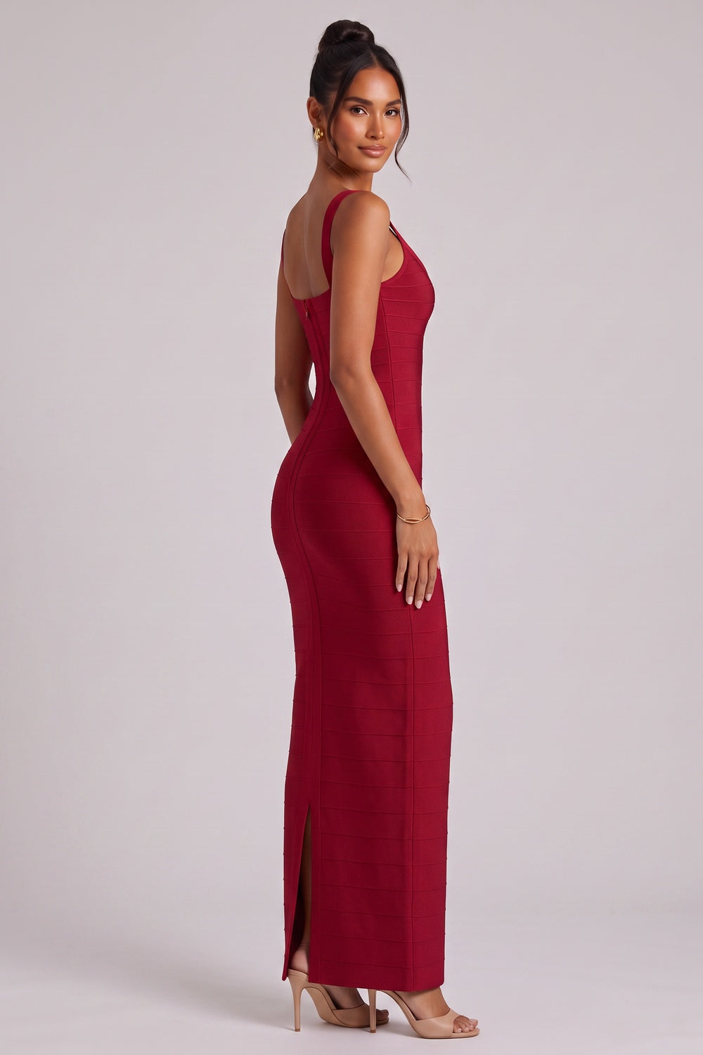 Burgundy Scoop Neck Sleeveless Bandage Midi Dress - OWNCI Burgundy Scoop Neck Sleeveless Bandage Midi Dress - OWNCI