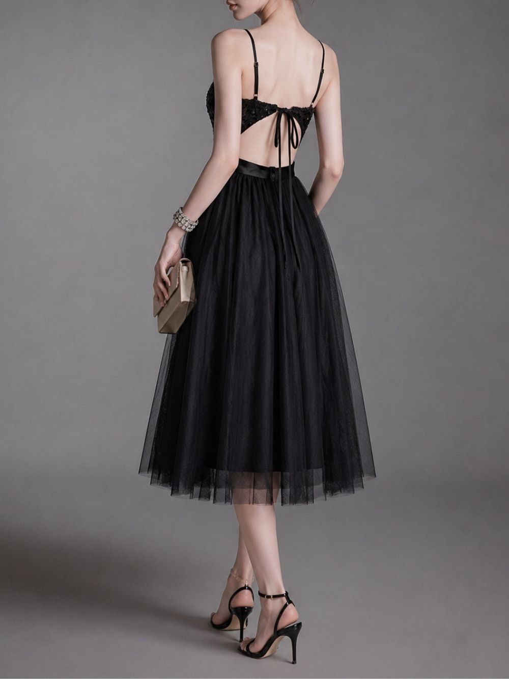Maureen Black Spaghetti Mesh Midi Dress - OWNCI
