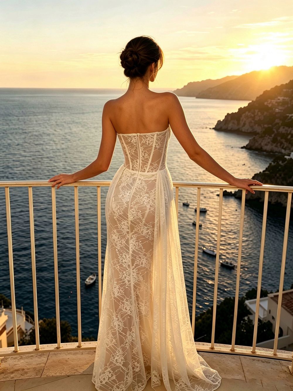 Strapless Draped Lace Bustier Maxi Dress - OWNCI
