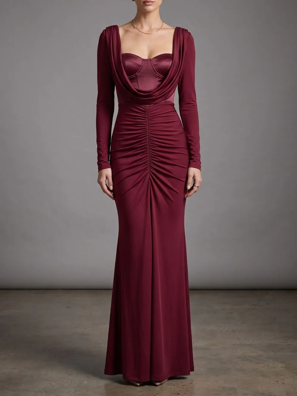 Long Sleeve Draped Bustier Maxi Dress Burgundy - OWNCI