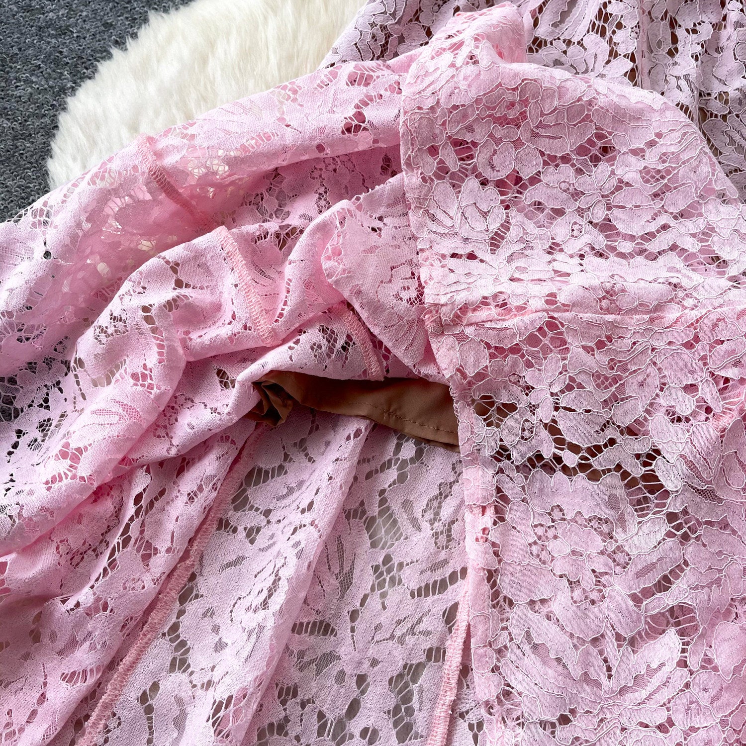 Pink Floral Lace A-Line Midi Dress - OWNCI