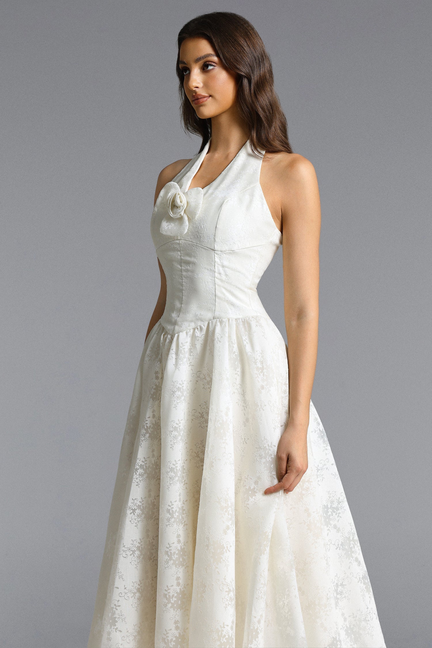 Delaney White Halter Floral Jacquard Midi Dress - OWNCI Delaney White Halter Floral Jacquard Midi Dress - OWNCI