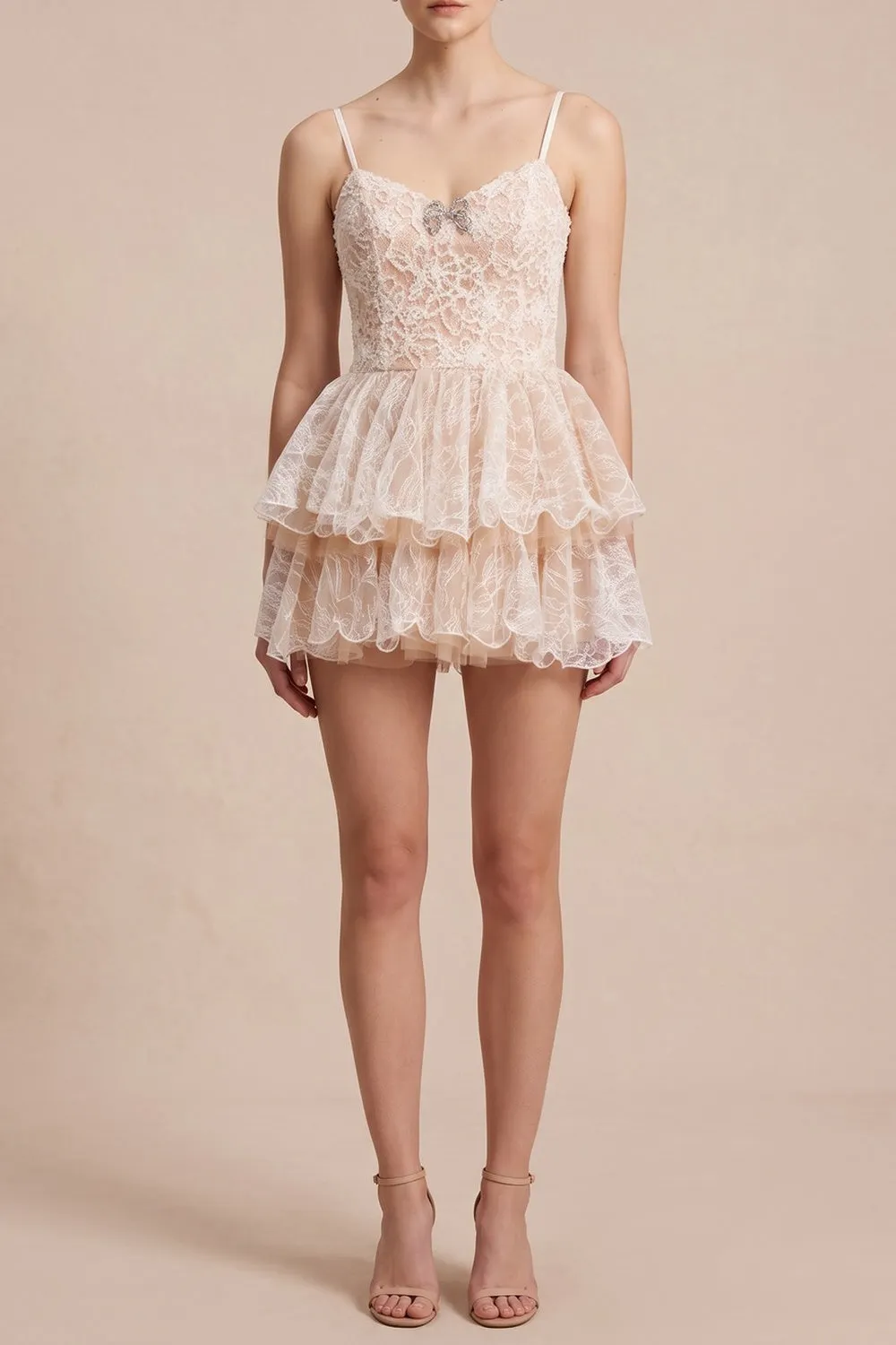 Spaghetti Strap Floral Lace Tiered Ruffle Mini Dress - OWNCI