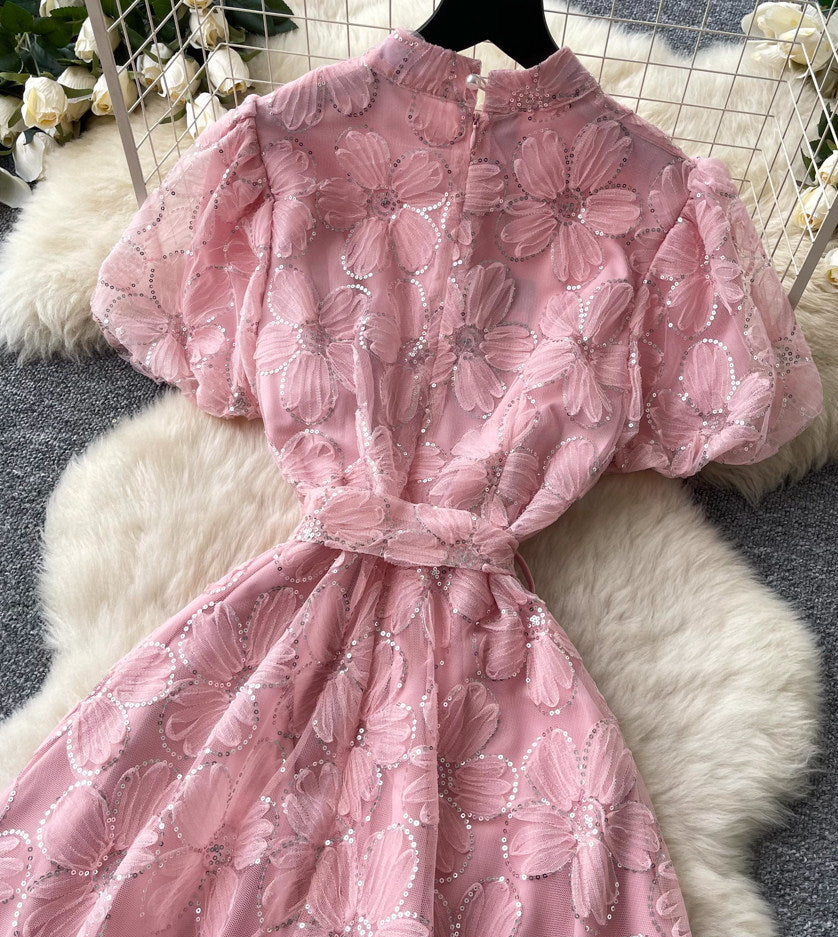 Light Pink Sheer Organza A-Line Midi Dress with Floral Applique - OWNCI Light Pink Sheer Organza A-Line Midi Dress with Floral Applique - OWNCI