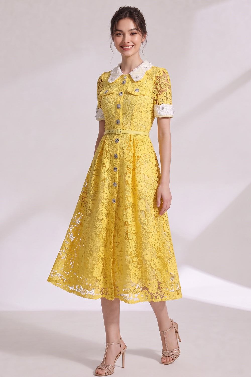 Yellow Guipure Floral Lace A-Line Midi Dress - OWNCI Yellow Guipure Floral Lace A-Line Midi Dress - OWNCI