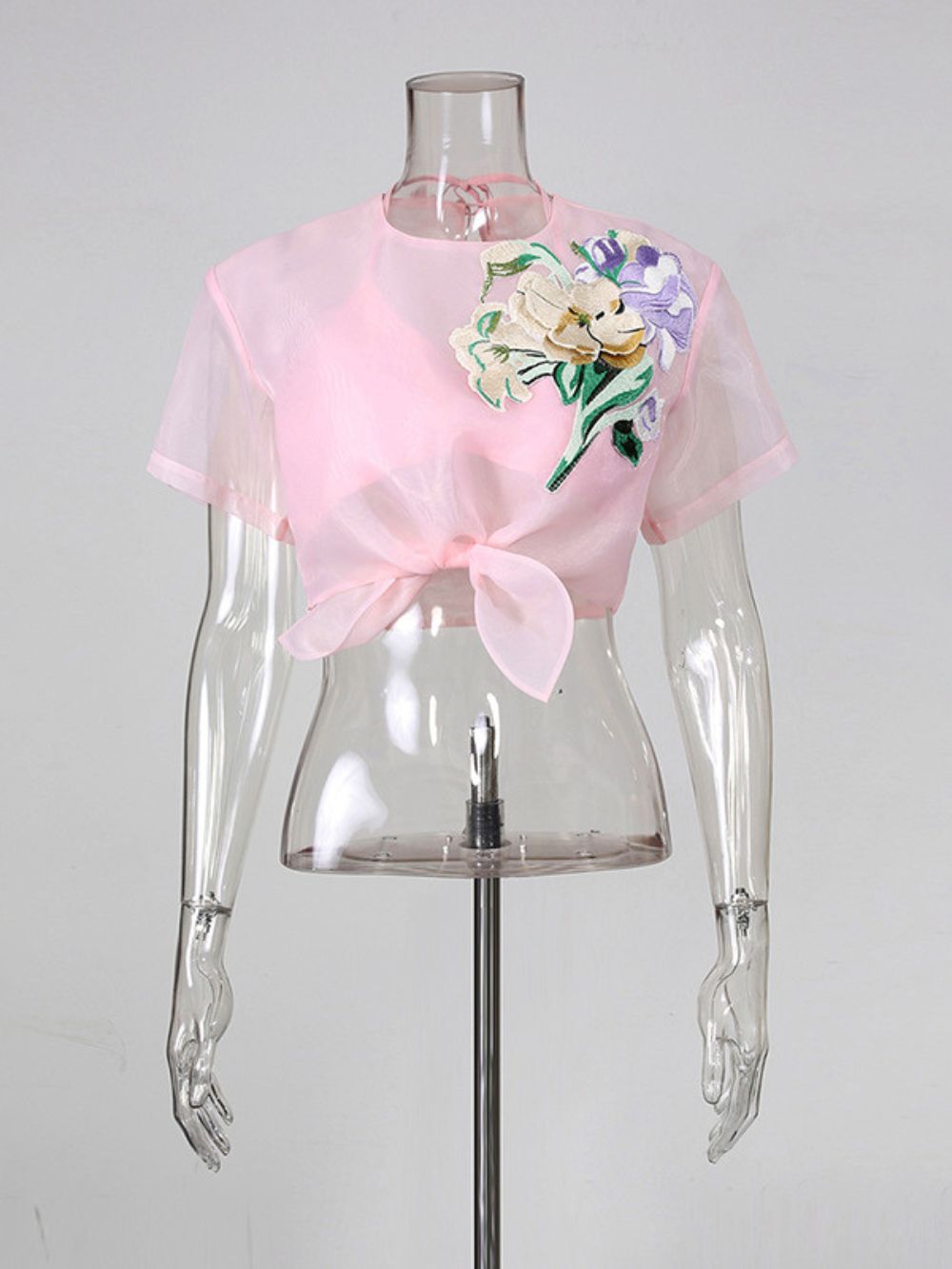 Miel Pink Flower Embroidery Crop Top - OWNCI