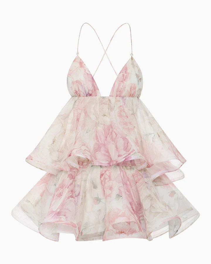Light Pink Organza Floral A-Line Babydoll Mini Dress - OWNCI Light Pink Organza Floral A-Line Babydoll Mini Dress - OWNCI