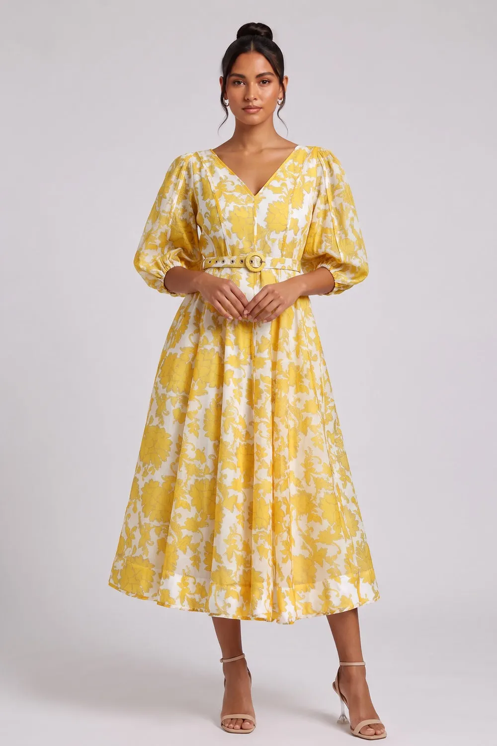 Yellow Floral Midi Dress with Belt - OWNCI