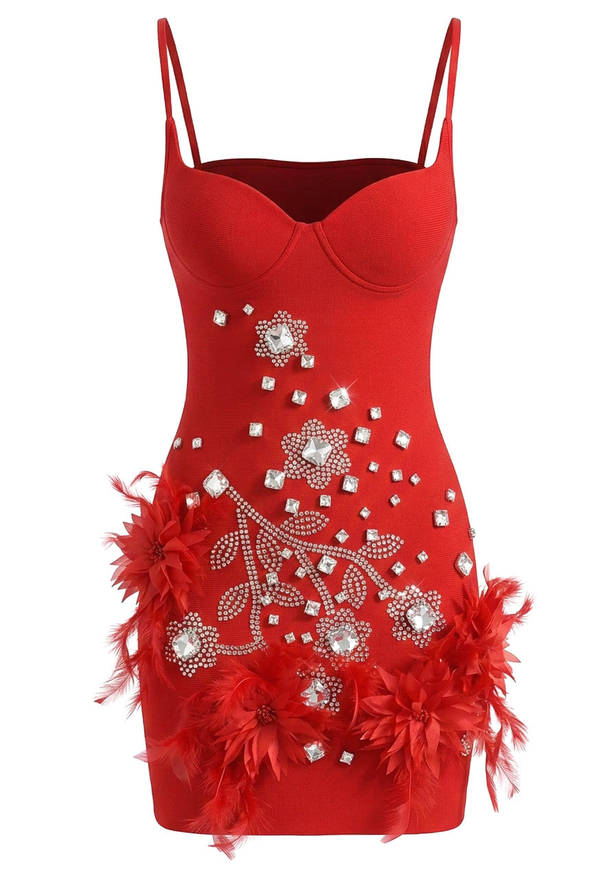 Hedy Rhinestone Feather Bandage Strappy Mini Dress – Red - OWNCI Hedy Rhinestone Feather Bandage Strappy Mini Dress – Red - OWNCI
