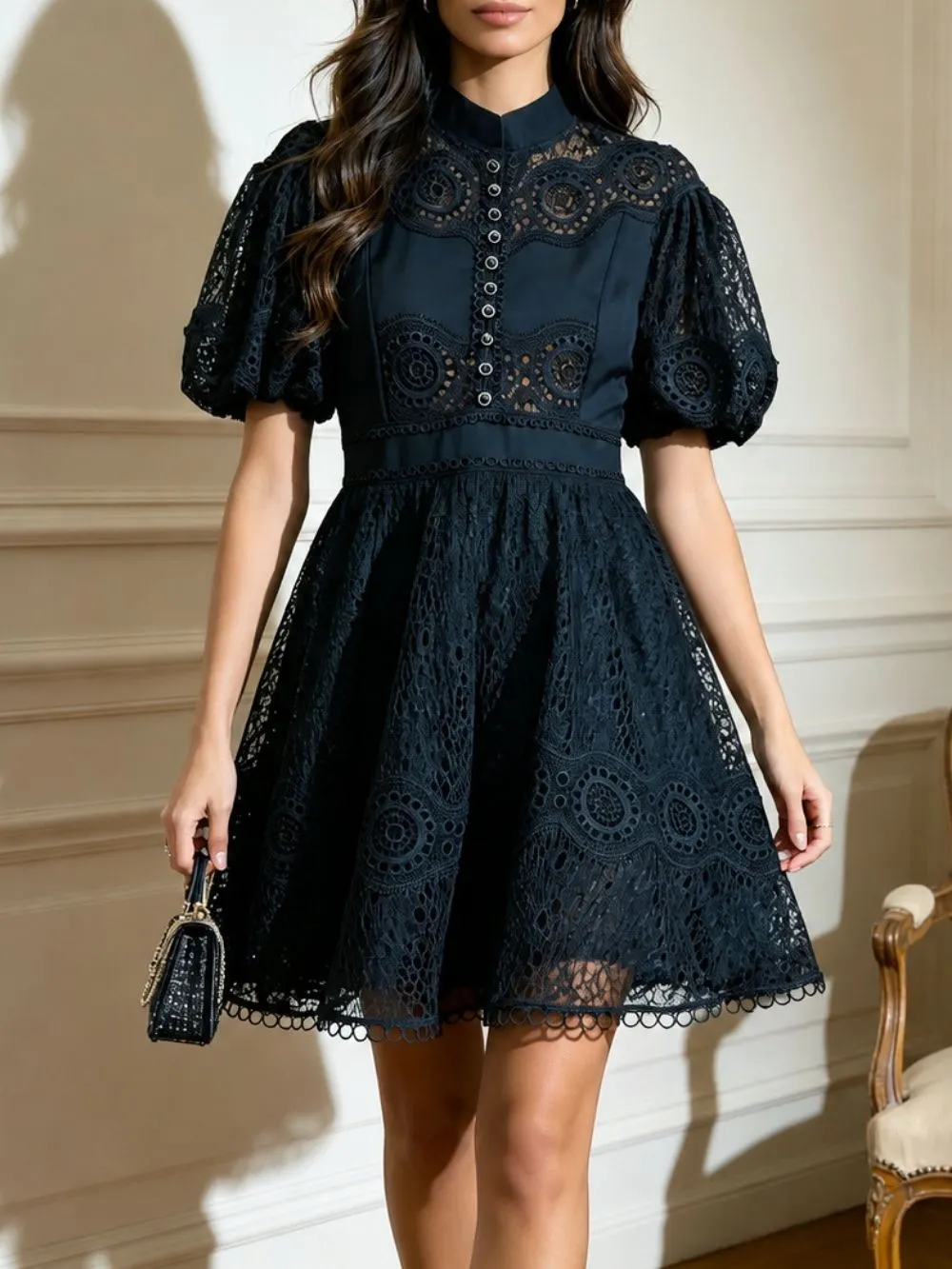 Matti Navy Puff Sleeve Embroidery Mini Dress - OWNCI Matti Navy Puff Sleeve Embroidery Mini Dress - OWNCI