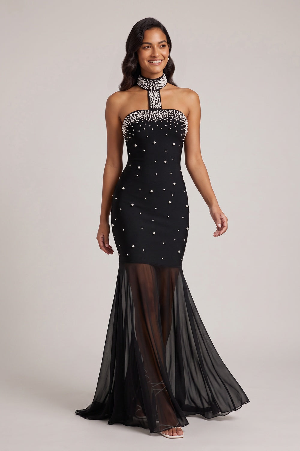 Black Pearl-Embellished Halter Mermaid Gown - OWNCI Black Pearl-Embellished Halter Mermaid Gown - OWNCI