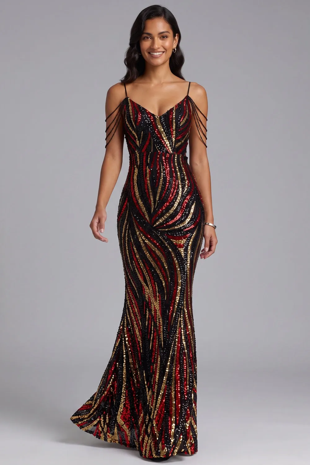 Sequin Cold Shoulder Floor-Length Gown - OWNCI Sequin Cold Shoulder Floor-Length Gown - OWNCI