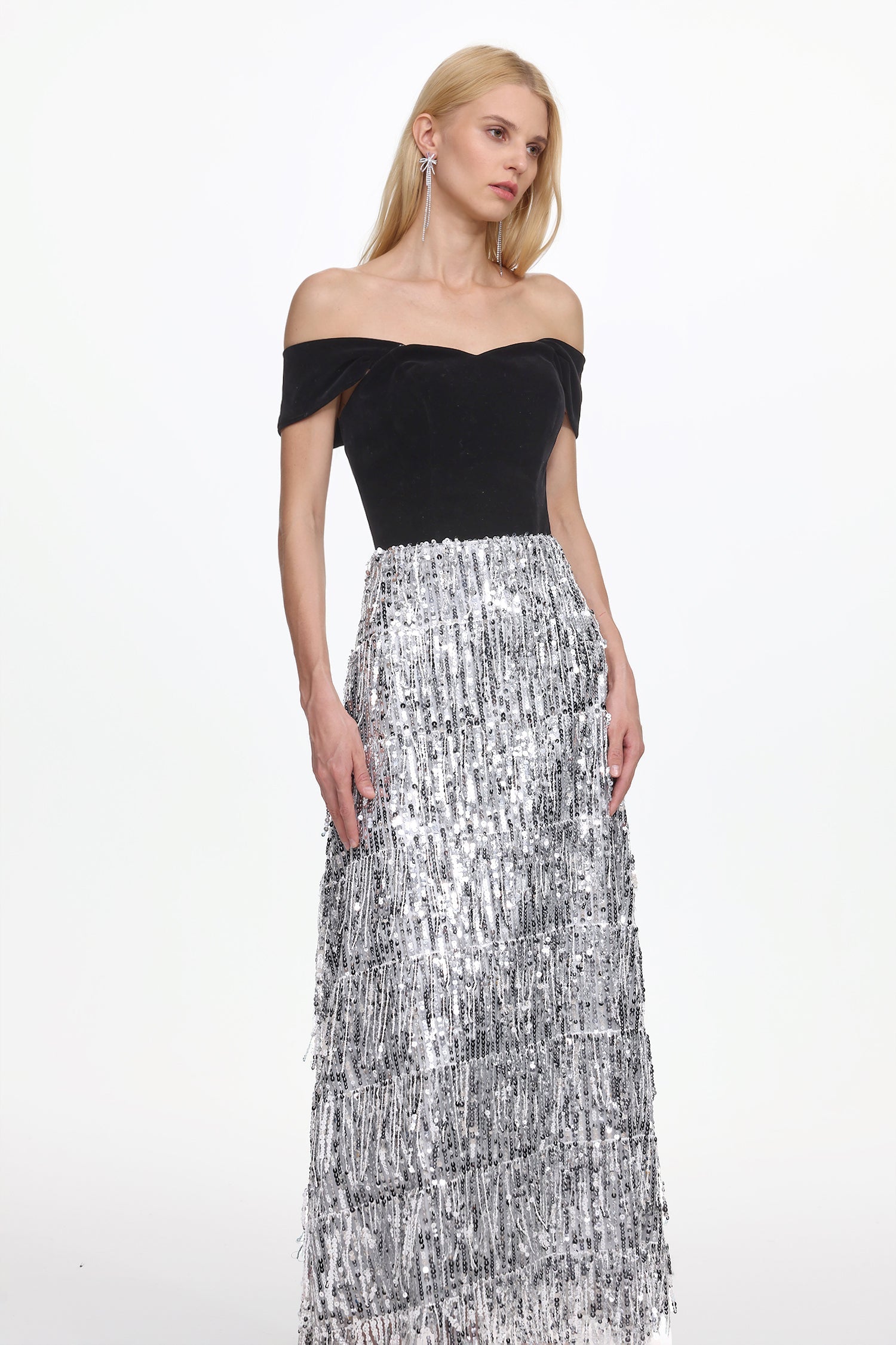 Merrit Off Shoulder Fringe Velvet Maxi Dress - OWNCI Merrit Off Shoulder Fringe Velvet Maxi Dress - OWNCI