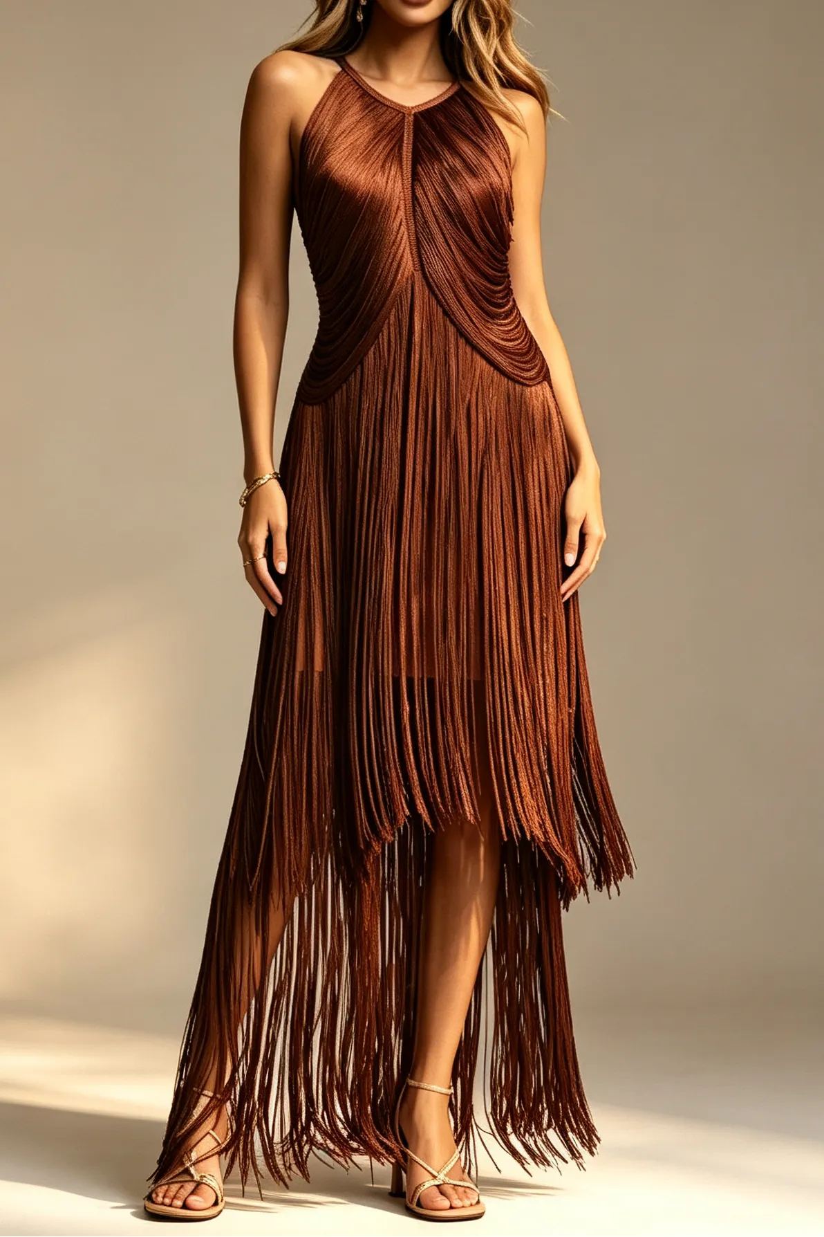 Chocolate Brown Halter Neck Draped Bodice Multi-Tier Long Fringe Bodycon Midi Party Dress - OWNCI Chocolate Brown Halter Neck Draped Bodice Multi-Tier Long Fringe Bodycon Midi Party Dress - OWNCI