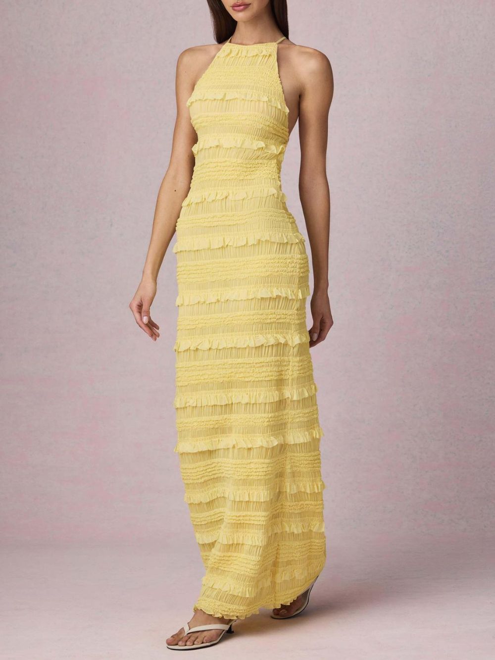Mercedes Yellow Halter Ruffle Backless Maxi Dress - OWNCI