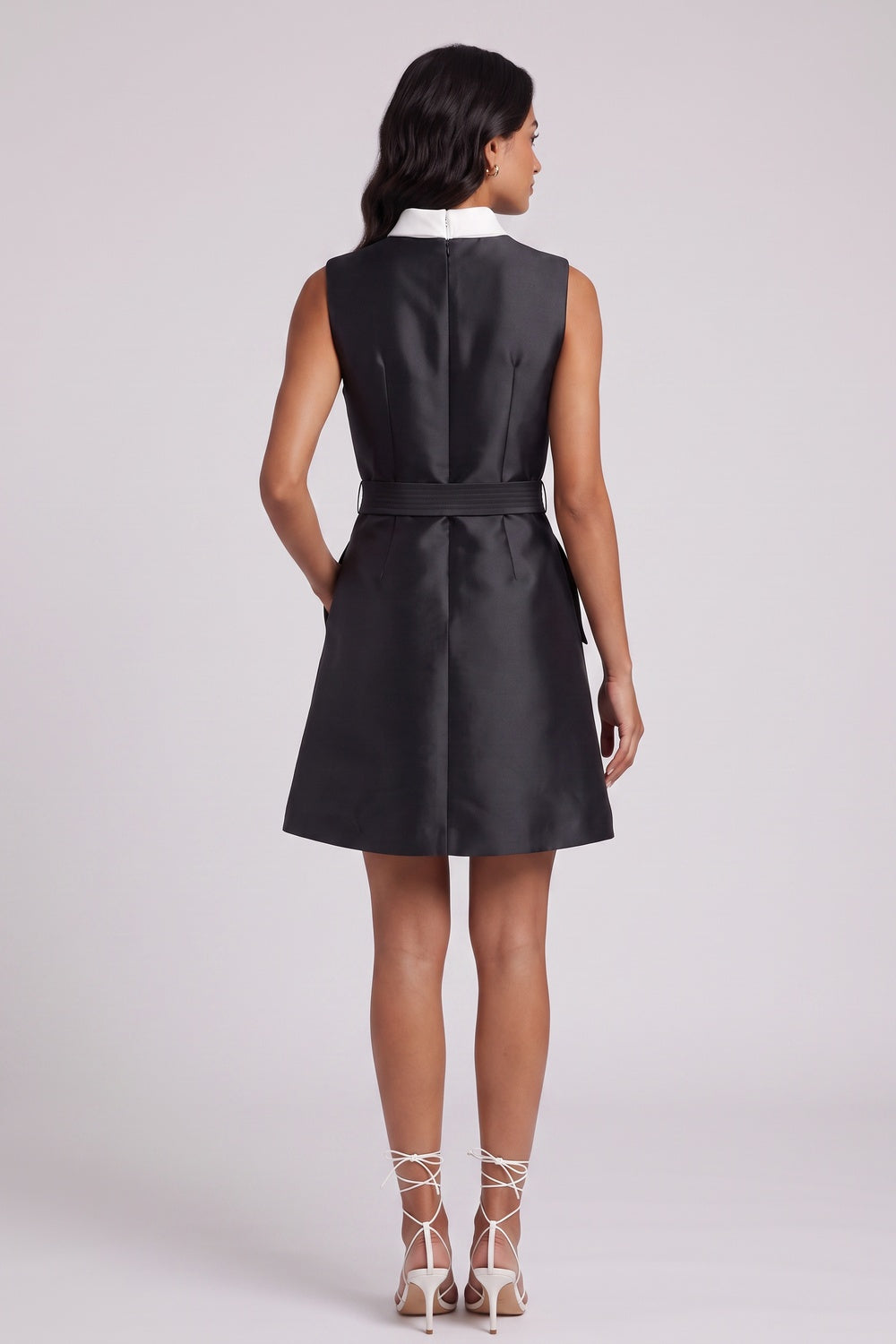 Black Structured Satin A-Line Mini Dress with Contrast Collar - OWNCI Black Structured Satin A-Line Mini Dress with Contrast Collar - OWNCI
