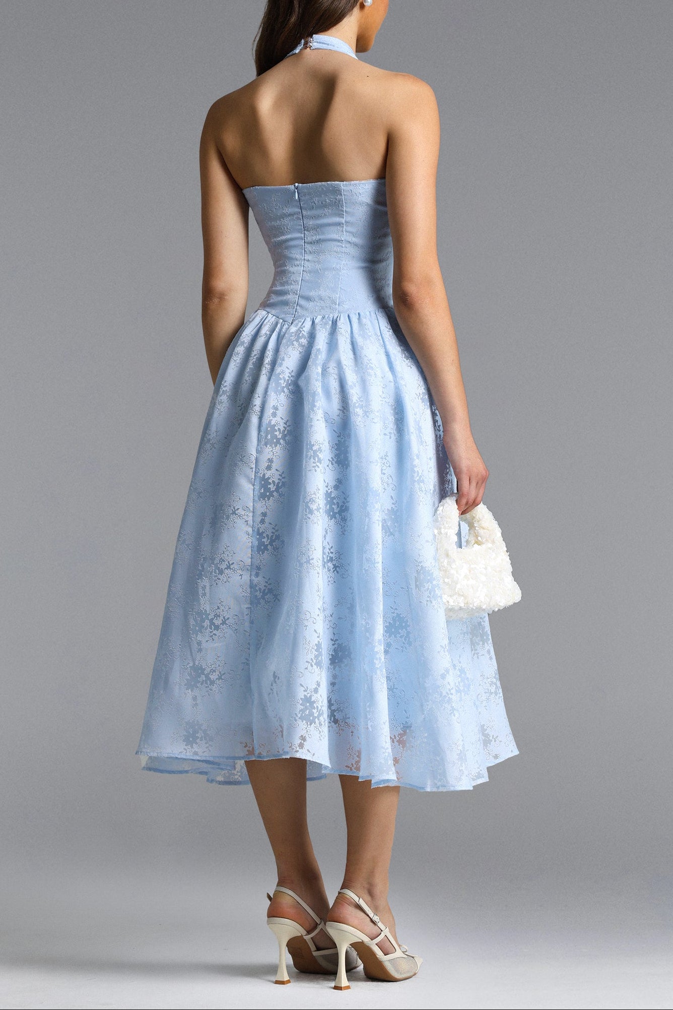 Delaney Blue Halter Floral Jacquard Midi Dress - OWNCI Delaney Blue Halter Floral Jacquard Midi Dress - OWNCI