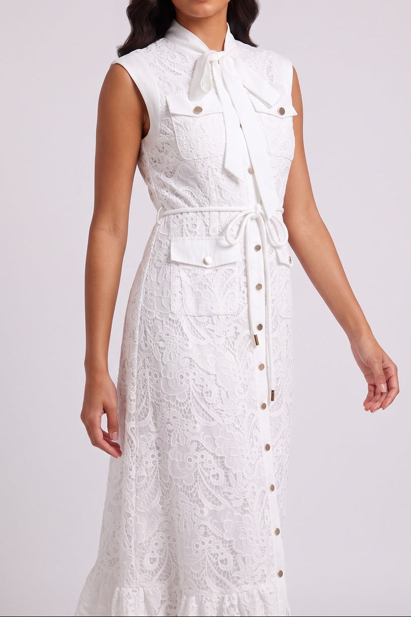 White Sleeveless Tie Neck Cargo Pocket Lace Midi Shirt Dress - OWNCI White Sleeveless Tie Neck Cargo Pocket Lace Midi Shirt Dress - OWNCI