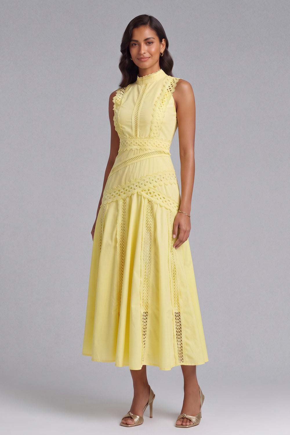 Yellow A-Line Midi Dress with Lace Inserts - OWNCI Yellow A-Line Midi Dress with Lace Inserts - OWNCI