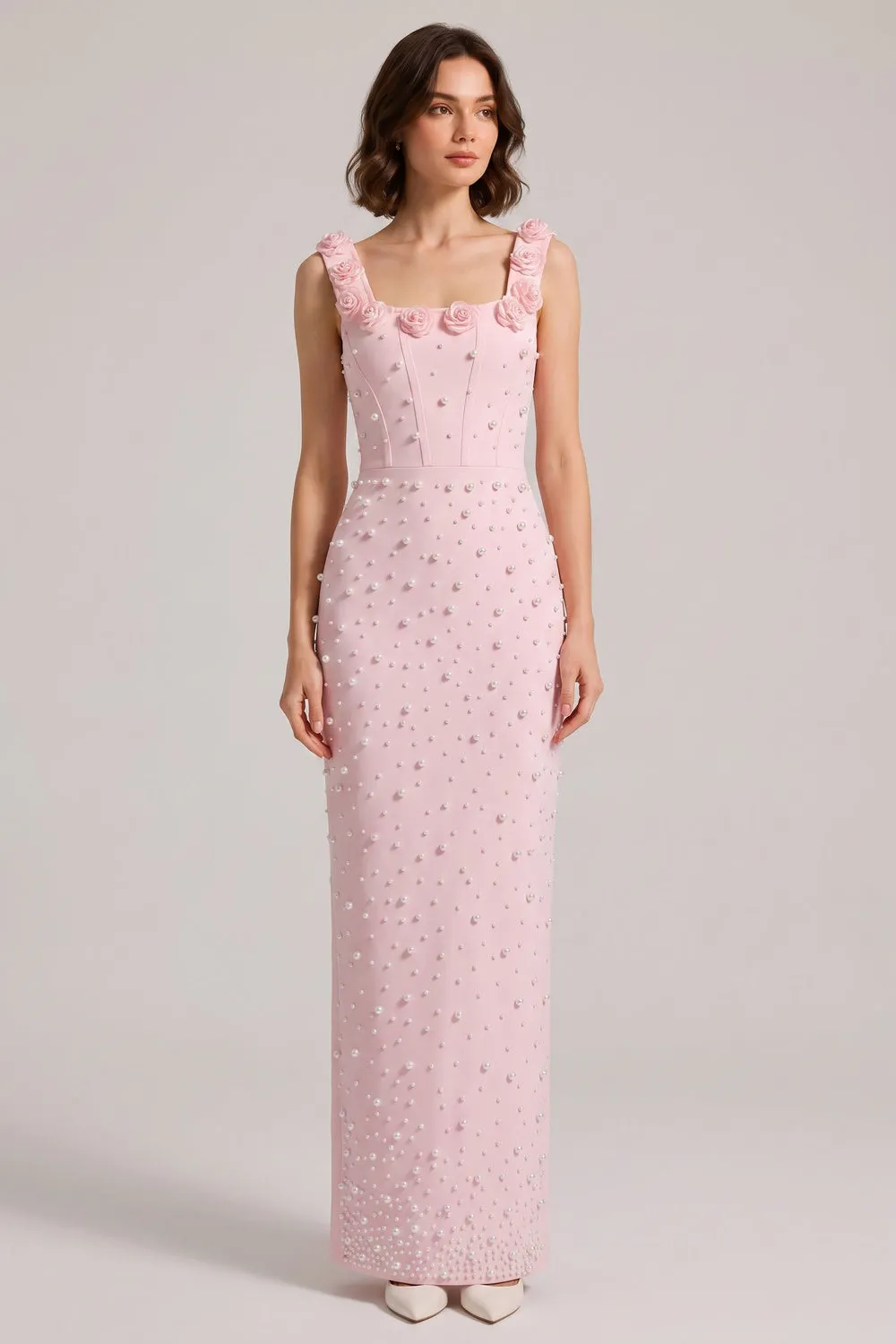 Pink 3D Rose Strap All Over Pearl Beaded Mermaid Maxi Gown - OWNCI Pink 3D Rose Strap All Over Pearl Beaded Mermaid Maxi Gown - OWNCI