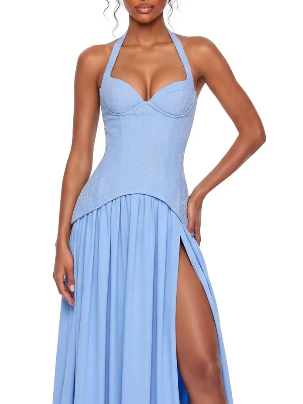 Jovyna Halterneck Flared Maxi Dress In Blue - OWNCI