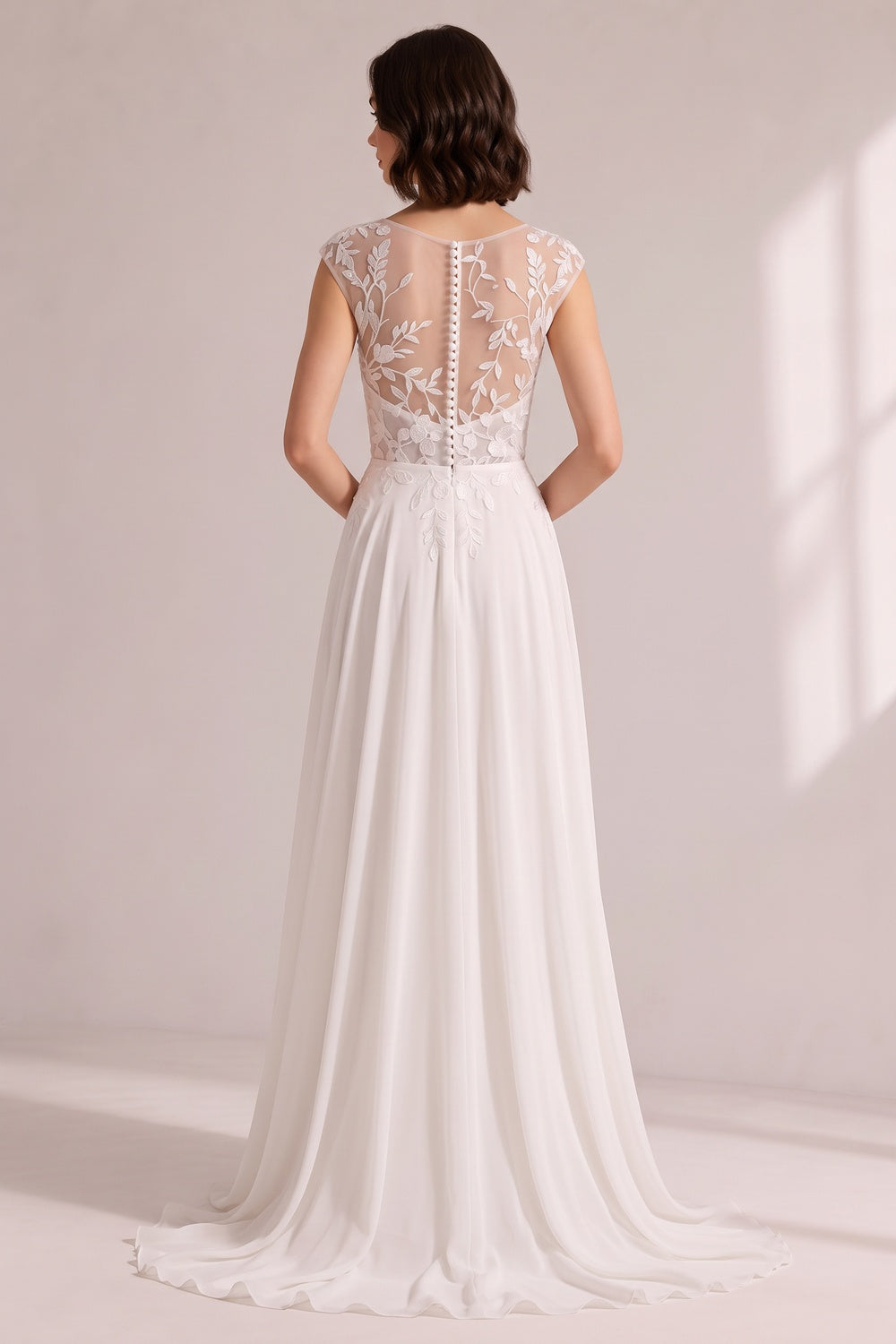 Illusion Cap Sleeve Floral Lace High Slit Chiffon Wedding Gown - OWNCI