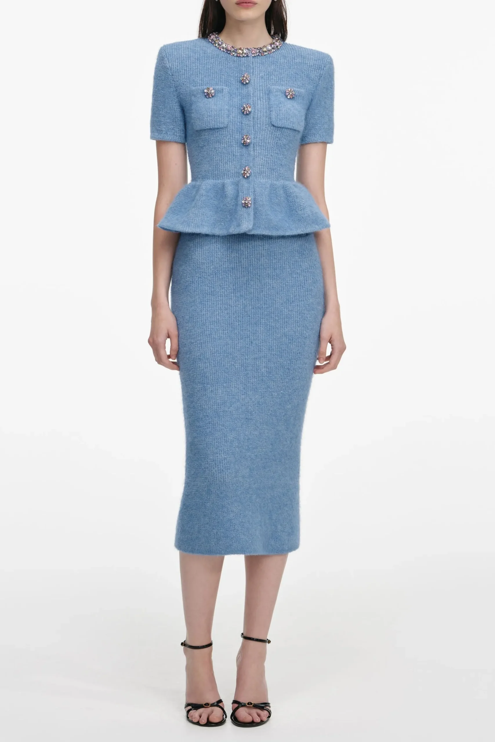 Kimberley Rhinestone Peplum Knit Midi Dress In Blue - OWNCI Kimberley Rhinestone Peplum Knit Midi Dress In Blue - OWNCI