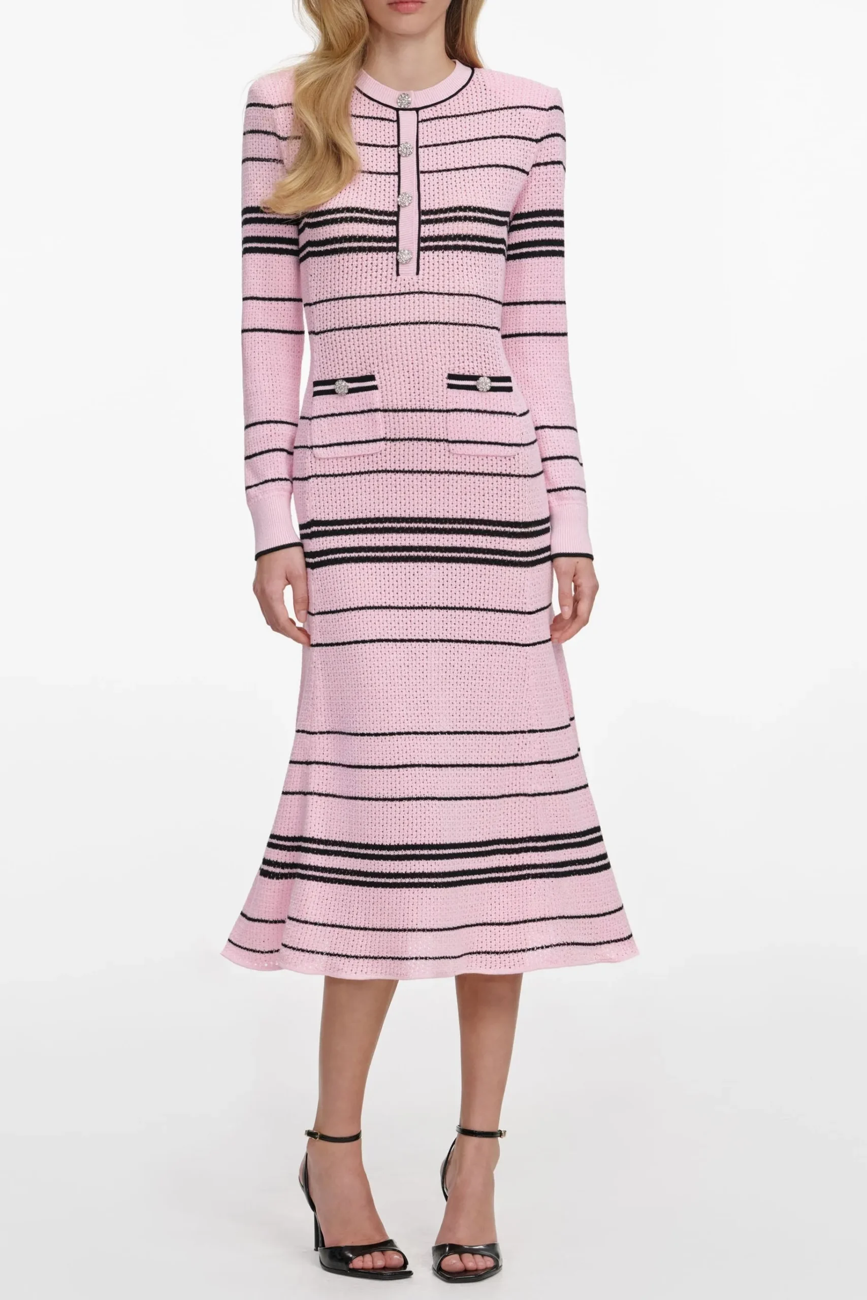 Selena Long Sleeve Stripe Knit Midi Dress In Pink - OWNCI
