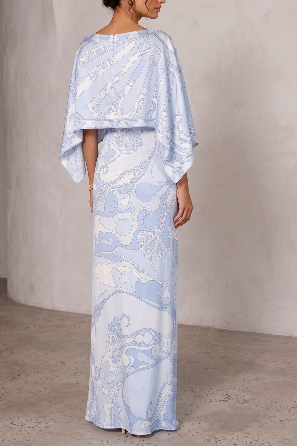 Printed Cape Satin Maxi Dress - OWNCI