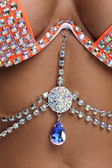 Orange Rhinestone Halter Two‑Piece Bikini Set With Crystal Body Chain - OWNCI