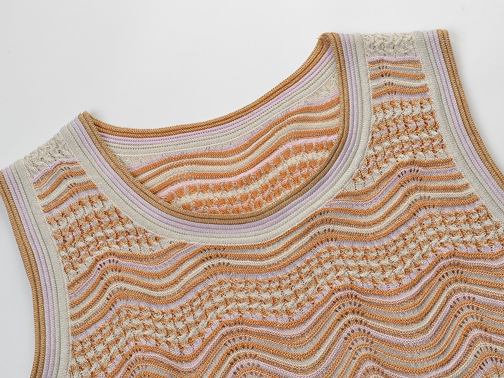 Beige Pointelle Knit Fitted Column Two-Piece Set - OWNCI Beige Pointelle Knit Fitted Column Two-Piece Set - OWNCI