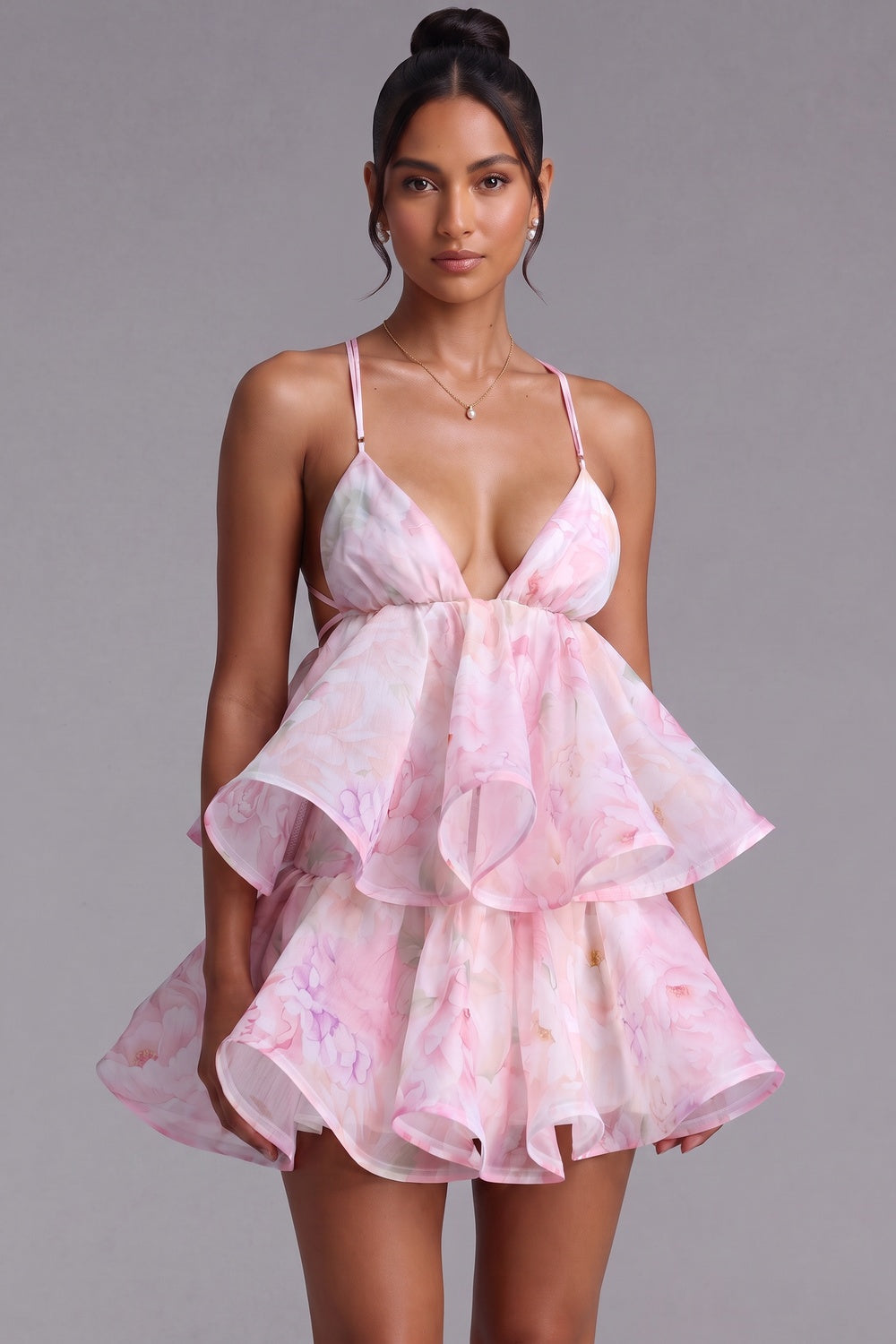 Light Pink Organza Floral A-Line Babydoll Mini Dress - OWNCI