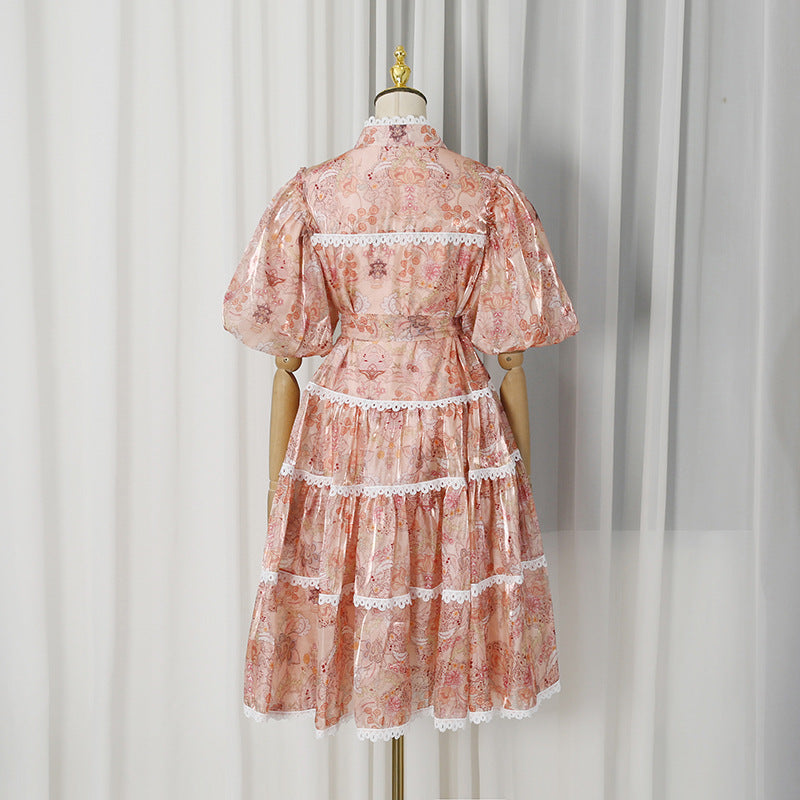 Peach Organza A-Line Tiered Maxi Dress with Botanical Floral Print - OWNCI Peach Organza A-Line Tiered Maxi Dress with Botanical Floral Print - OWNCI