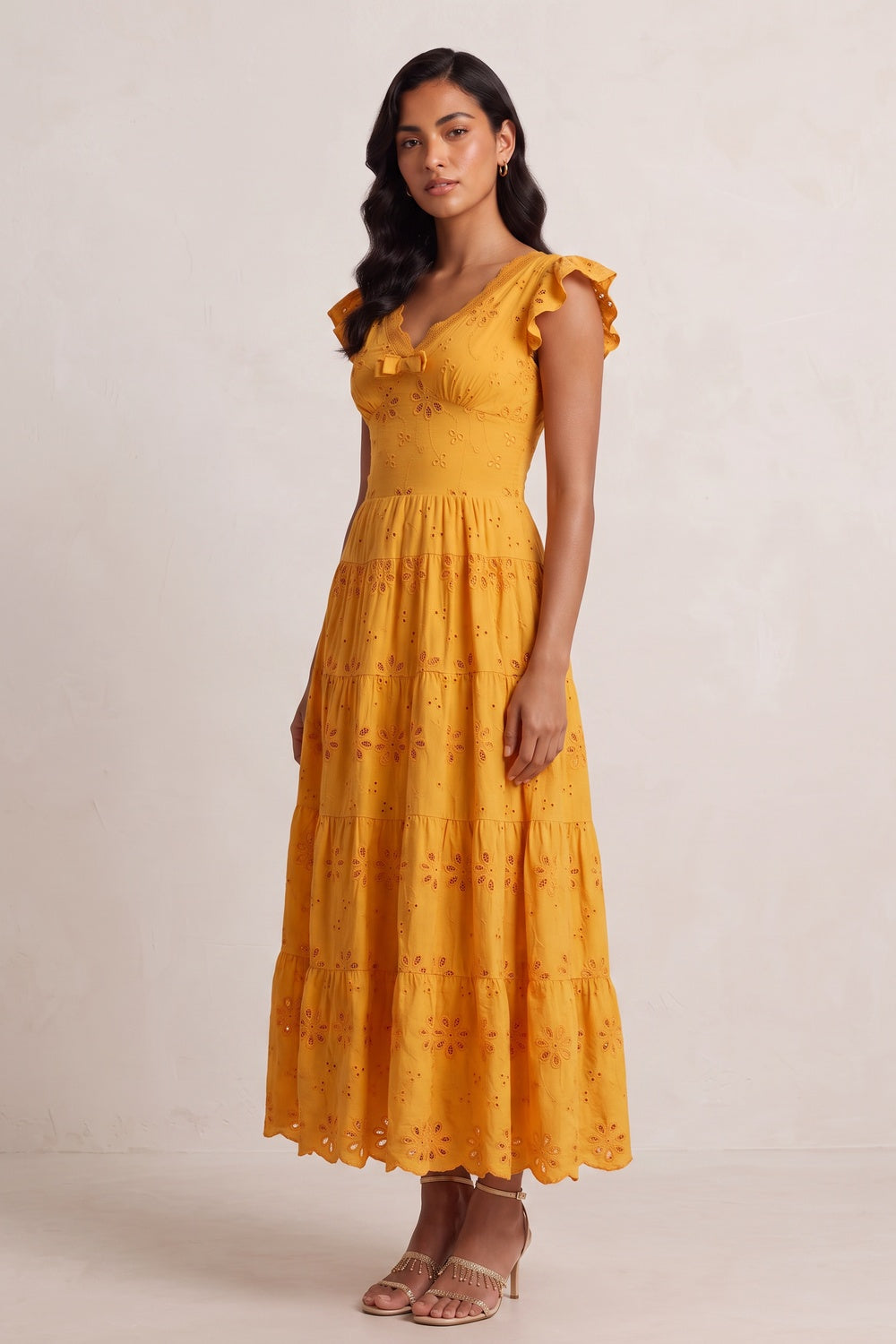 Scallop V-Neck Ruffle Sleeve Eyelet Tiered Midi Dress - OWNCI