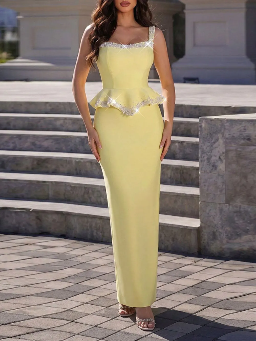 Crystal Pearl Peplum Detail Maxi Dress Yellow - OWNCI Crystal Pearl Peplum Detail Maxi Dress Yellow - OWNCI