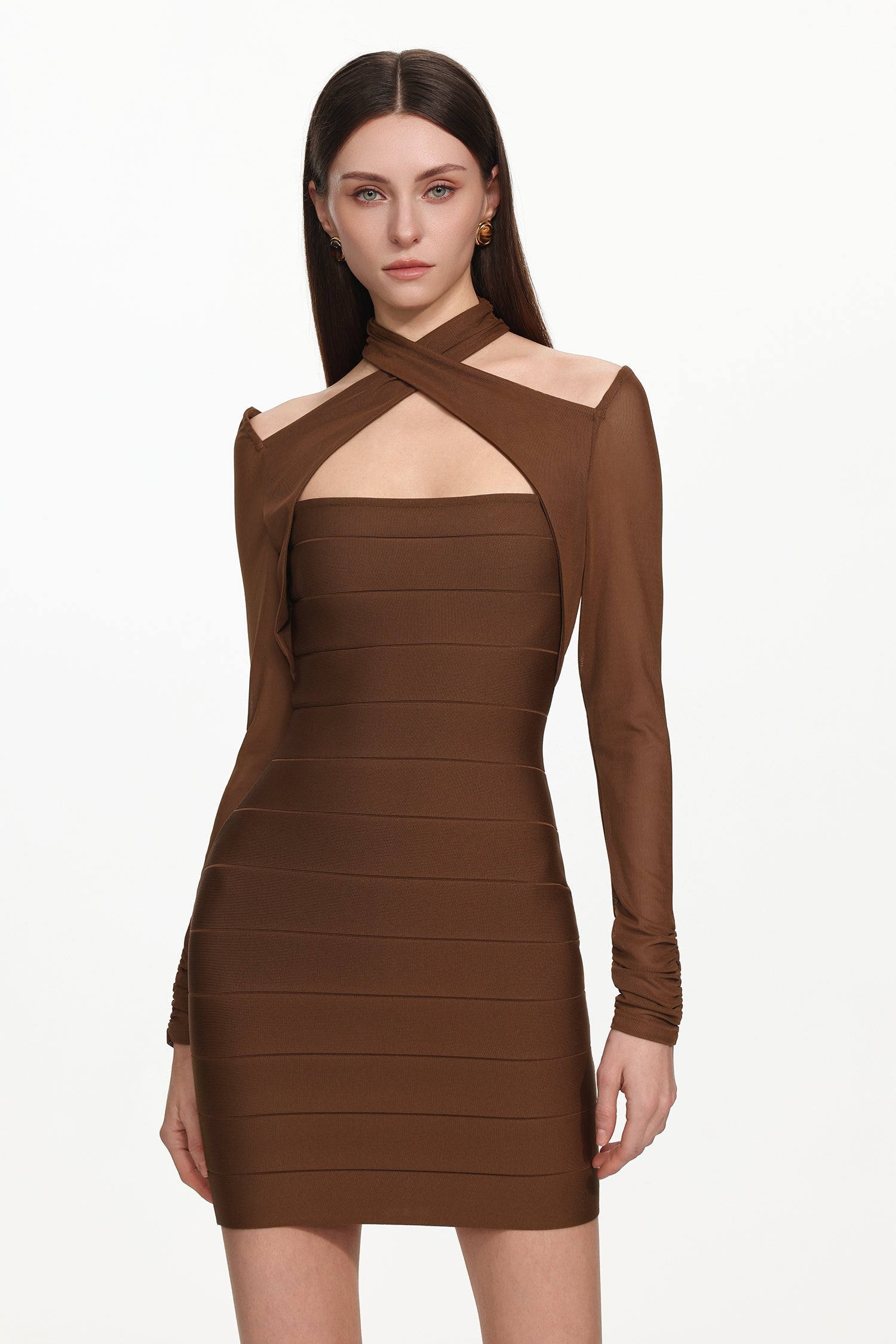 Estrela Overlay Long Sleeve Bandage Mini Dress - OWNCI Estrela Overlay Long Sleeve Bandage Mini Dress - OWNCI