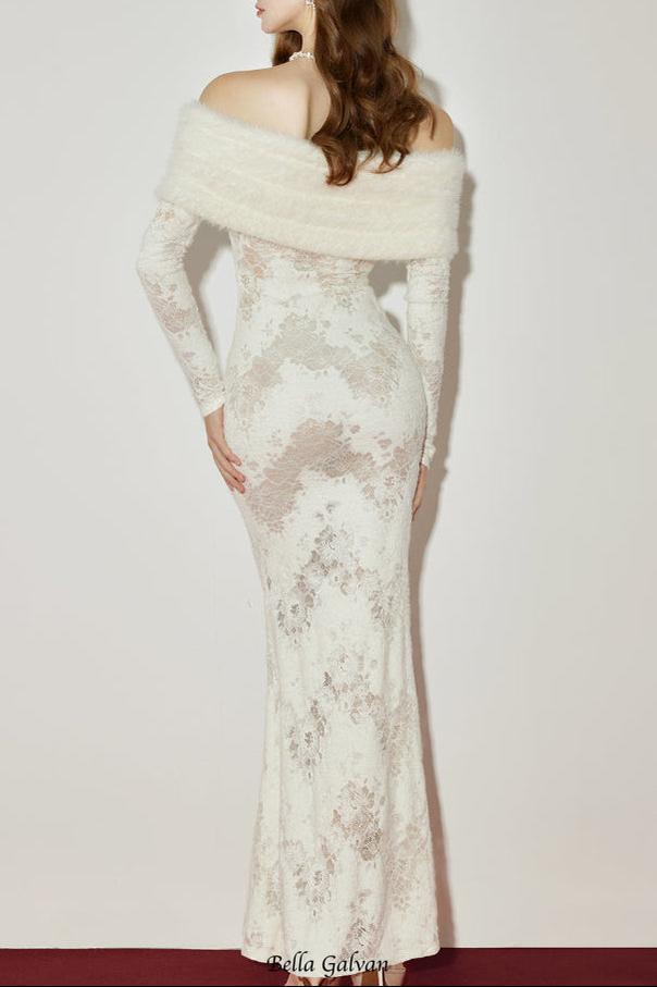 Julia Off-Shoulder Fur Collar Long Sleeve Lace Maxi Dress In White - OWNCI