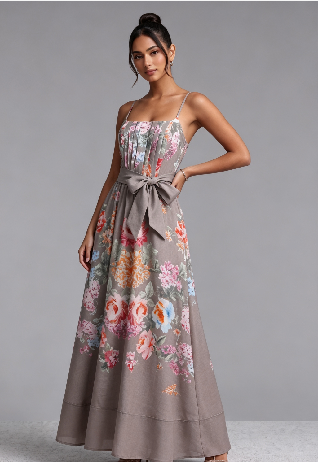 Taupe Linen-Blend A-Line Floral Maxi Dress - OWNCI Taupe Linen-Blend A-Line Floral Maxi Dress - OWNCI