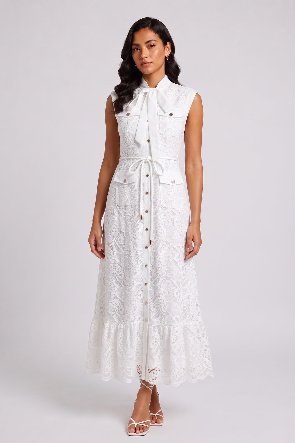 White Sleeveless Tie Neck Cargo Pocket Lace Midi Shirt Dress - OWNCI White Sleeveless Tie Neck Cargo Pocket Lace Midi Shirt Dress - OWNCI