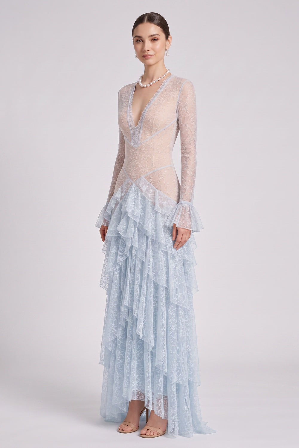 Light Blue Floral Lace Tiered A-Line Gown - OWNCI